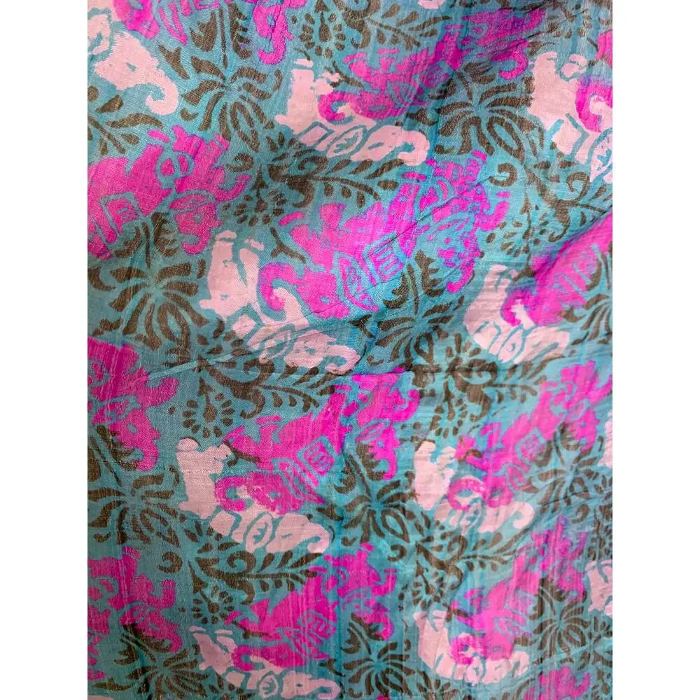 Green Pink Purple Floral Batik? Silk Scarf 29 x 27